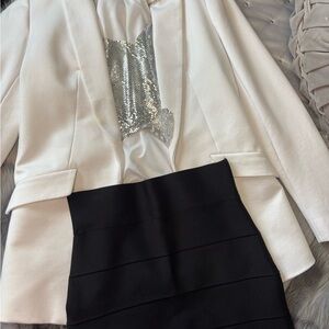 Elegant White Blazer and Black Skirt Set